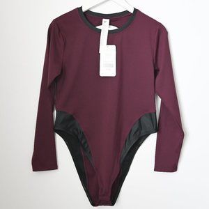 FABLETICS Maroon Long Sleeve Karleen Bodysuit with Black Trim - Lg (10/12) - NWT